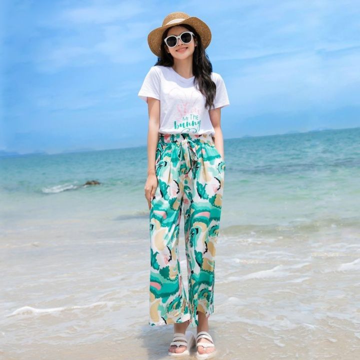Same Color Couple Wear Summer New Parent-Child Wear Short Sleeve T T-shirt Seaside Vacation Beach Couple Leisure Wide Loose Pants