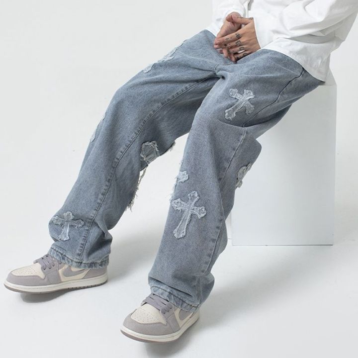 Men Korean Streetwear Hip Hop Low Rise Baggy Jeans For Y2k Fashion Trousers  Cross Denim Pants Cargo Pants Casual Trousers