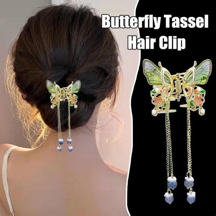 Vintage Fairy Exquisite Women Hair Clip Girls Hair Accessories Ponytail Holder Crystal Butterfly Tassel Claw