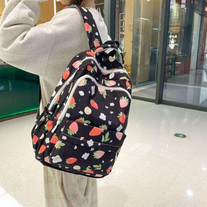 2024 New Double Backpack Casual Backpack College Student Girl Middle School High School School Bag Strawberry Print Simple and Fashionable