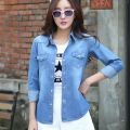 Women Solid Shirt Blue Cotton Blusas Female Tops Korean Casual Long Sleeve Pocket Women's Denim Shirt Camisa Jeans Feminina C323.