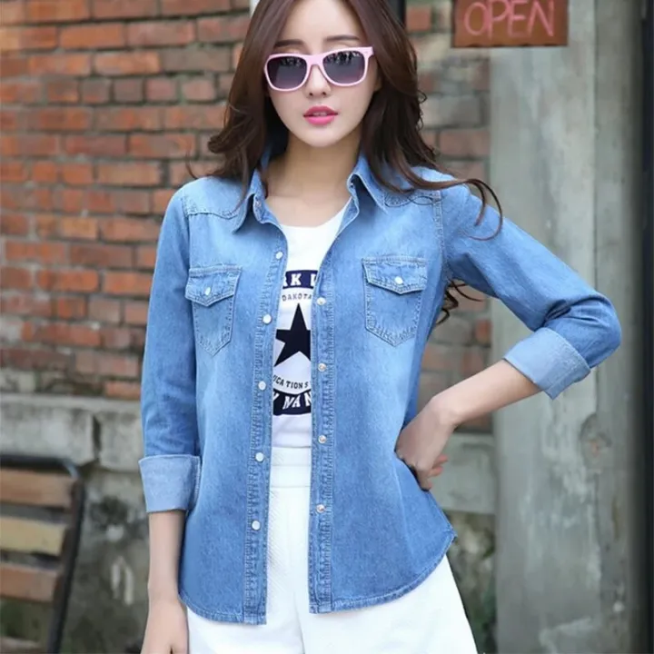 Women%20Solid%20Shirt%20Blue%20Cotton%20Blusas%20Female%20Tops%20Korean%20Casual%20Long%20Sleeve%20Pocket%20Women's%20Denim%20Shirt%20Camisa%20Jeans%20Feminina%20C323%20-%20Image%202