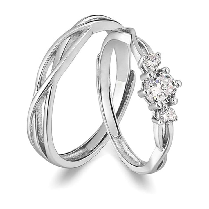 Couple Rings for Men and Women Adjustable Silver Alloy Finger Rings with Exclusive Stone and Free Ring Box