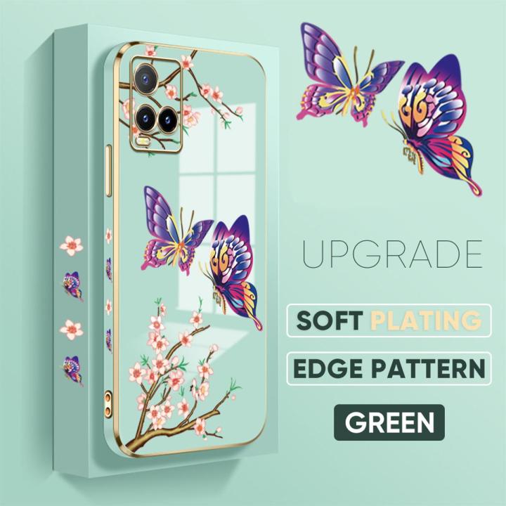 Jizetin (Free Lanyard) for Vivo Y33S / Y21 2021 / Y21A / Y21T / Y33T / Y21S Back Cover Peach Blossom and Butterfly Luxury 6D Plating Case Side Pattern Soft Silicone Square Mobile Phone Cases