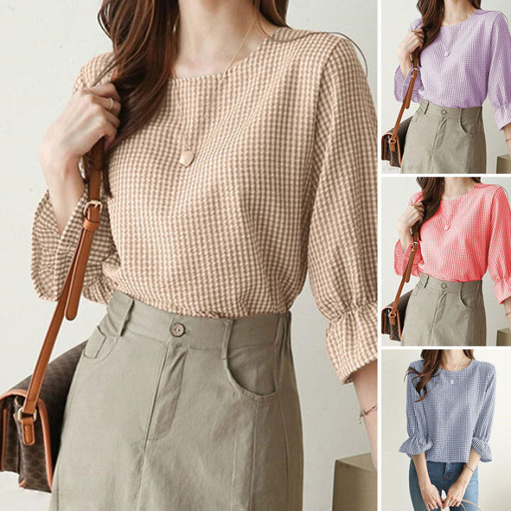 ZANZEA%20Women%20Fashion%20Short%20Sleeve%20Plaid%20Check%20Shirt%20Blouse%20Asymmetrical%20Hem%20Loose%20Tops%20#2%20-%20Image%207