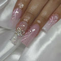 24Pcs Long Ballet False Nails with Bow Designs Pink Coffin Press on Nails Wearable French Nail Full Cover Manicure Tips.