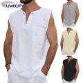 Sleeveless Tee Shirt Stylish Men's V-neck Le-up Ta Tops Sleeveless Solid Color Shirt with Patch cket Trendy Stwear. 