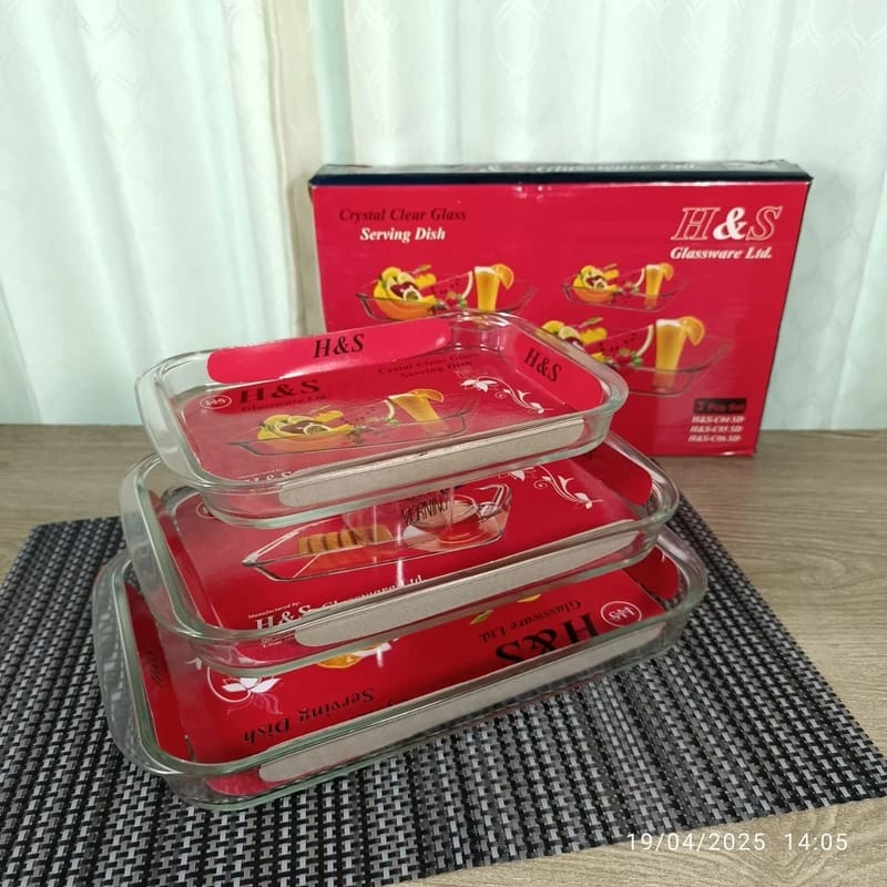 H and S Glass Serving Dish Oven Proof Tempered - Transparent 3 Pcs Set (0.6,1.0,1.5 ltrs)