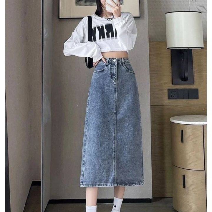 Fashion Denim Long Y2k Vintage High Waist Split Midi Jeans Skirt 2023 Summer Women's Clothing Korea Stylish
