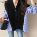 ZANZEA Korean Style Women Asymmetrical Hem High Low Shirt Smart Striped Patchwork Blouse Tops Shirt.