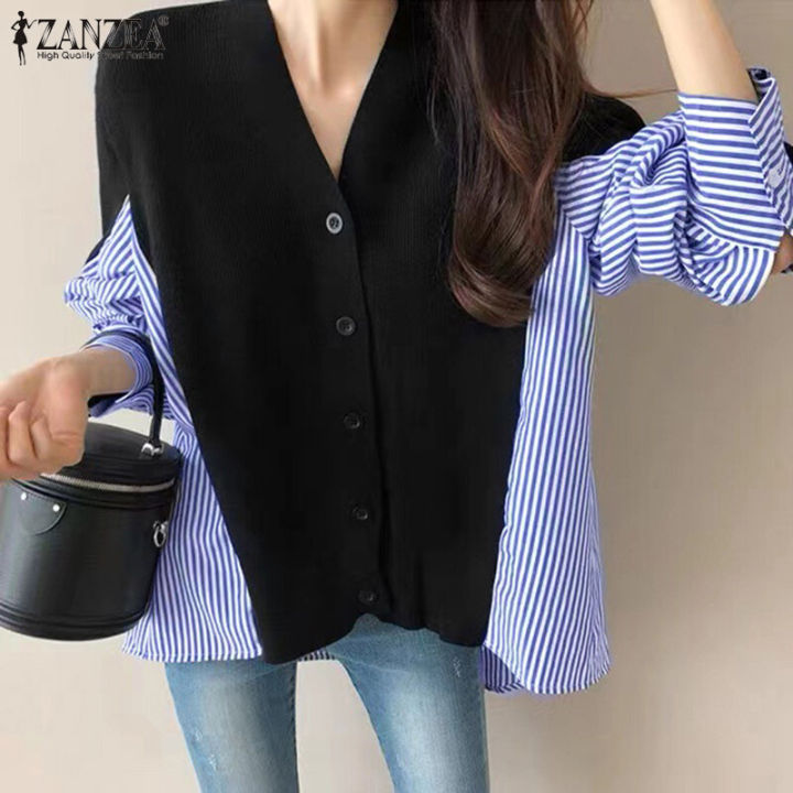 ZANZEA%20Korean%20Style%20Women%20Asymmetrical%20Hem%20High%20Low%20Shirt%20Smart%20Striped%20Patchwork%20Blouse%20Tops%20Shirt%20-%20Image%202