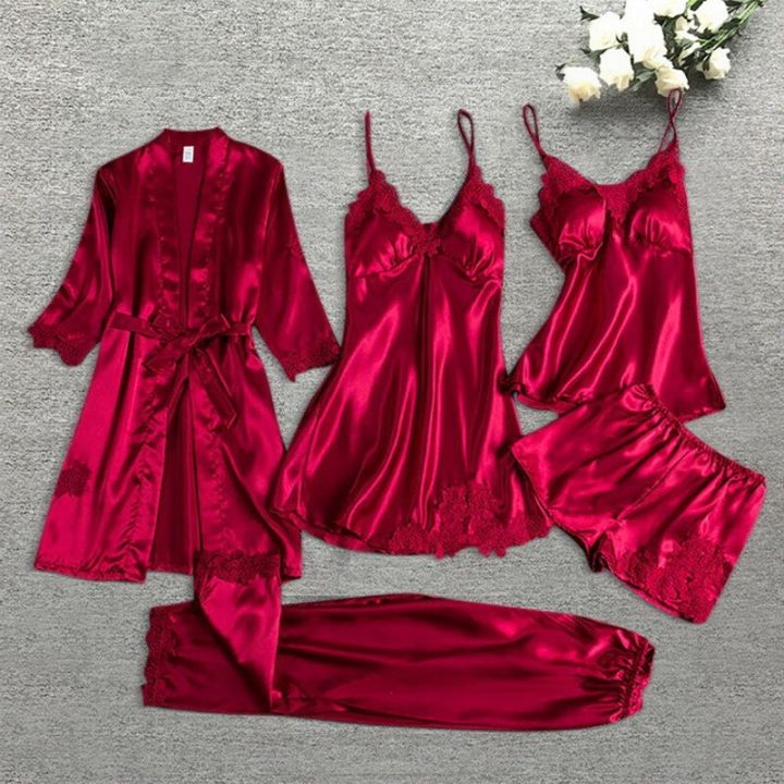 Sleepwear%20Female%205/4/2PCS%20Pajamas%20Set%20Satin%20Pyjamamas%20Lace%20Patchwork%20Bridal%20Wedding%20Nightwear%20Rayon%20Home%20Wear%20Nighty&Robe%20Suit%20-%20Image%204