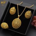 XUHUANG Luxury Dubai Gold Plated Jewelry Set For Women Flower With Tassel Big Nigerian Indian Bridal Necklaces Earrings Rings.