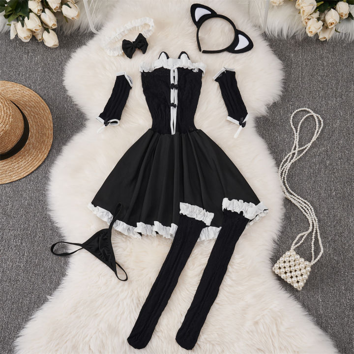 Sweet Cute Black Night Dress Ruffle Cake Lolita Princess Dress Hollow Strapless Evening Dress Nightgown Cosplay Pajama