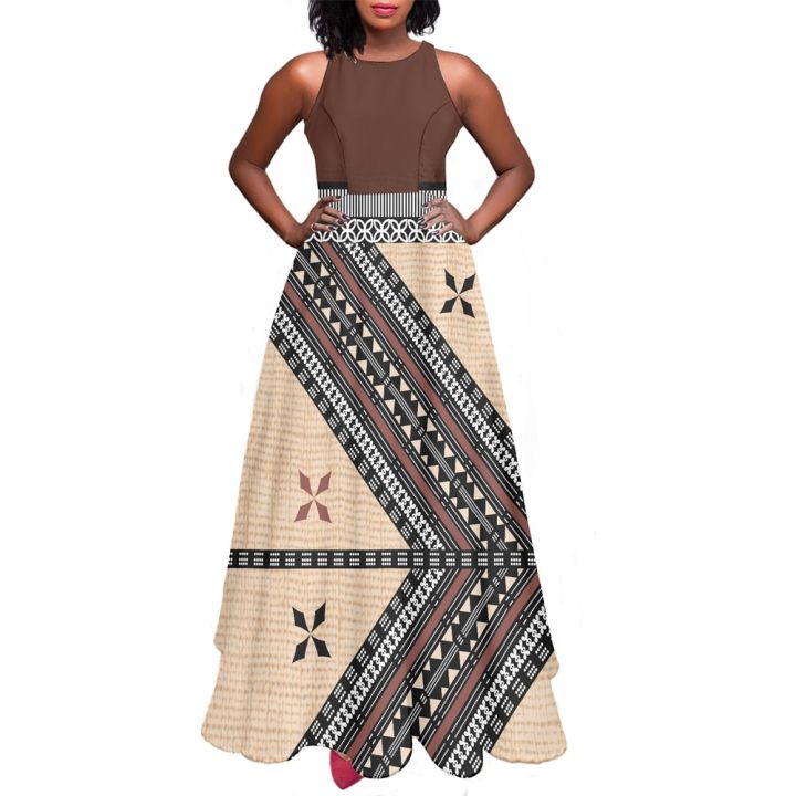 Loose Swing Polynesian Tribal Samoa Retro Brown Fiji Masi Tapa Flower Print  Custom Women's Sleeveless O-Neck Dress Beach Dress | Daraz.com.bd