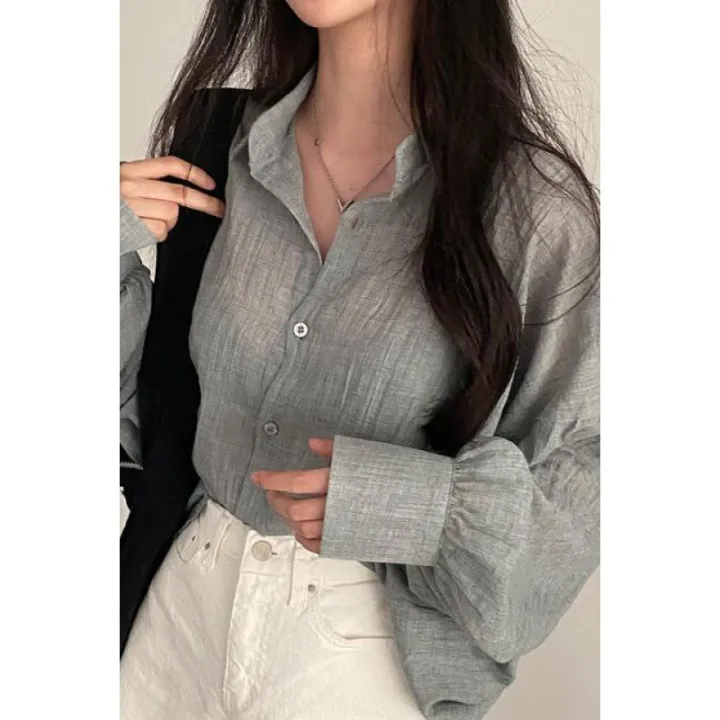Korean%20Style%20chic%20New%20Summer%20Lapel%20Long%20Sleeve%20Shirt%20Women's%20Loose%20and%20Idle%20Lantern%20Sleeve%20Sun%20Protection%20Shirt%20for%20Air%20Conditioned%20Rooms%20-%20Image%205