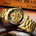 FNGEEN S336 Watch Men / 3D Engraving Golden Dragon Mechanical Watch for Men / Stainless Steel Waterproof Watches.