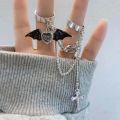 Punk Gothic Black Bat Wing Cross Chain Rings for Men Women Hip Hop Crystal Heart Cross Irregular Double Finger Rings Jewelry. 