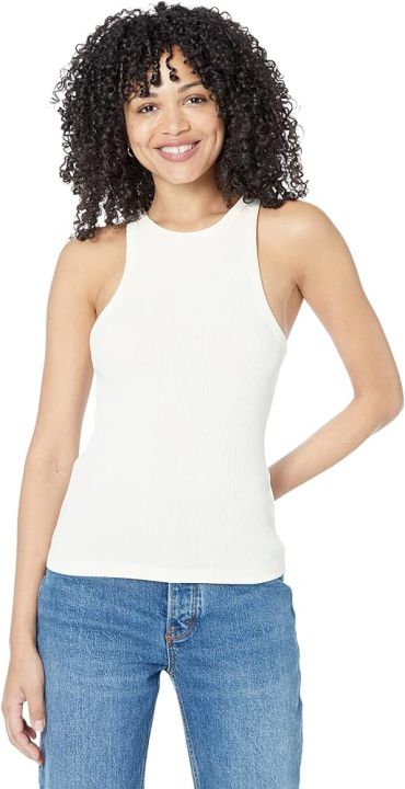 Basic Round Neck Tank Top made by Ribbed Cotton Fabric - White Color ...