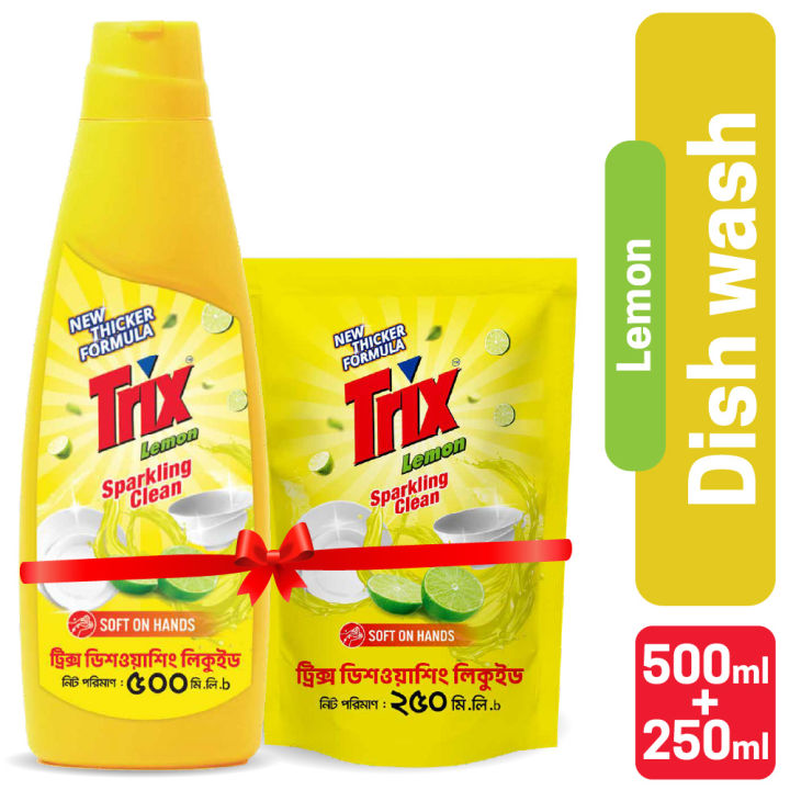 Trix Dishwashing Liquid 750ml (Bottle & Refill Combo) Lemon Fragrance for Scratch-Free Sparkling Clean Dishes, removes grease stains