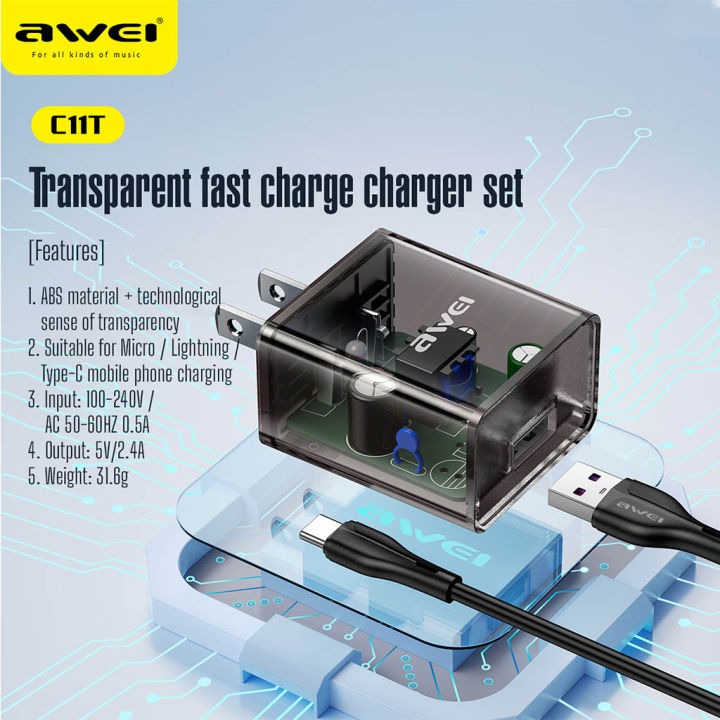 Awei%20C11T%20Fast%20Charging%20Type-C%20Adapter%20Transparent%20Wall%20Charger%20with%201M%20Type-C%20Data%20Transfer%20Cable%20-%20Image%204