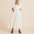 Maxi Dresses For Women 2022 Elegant Square Neck Smocked Summer White Dress Short Puff Sleeve Vacation Beach Long Casual Dress.