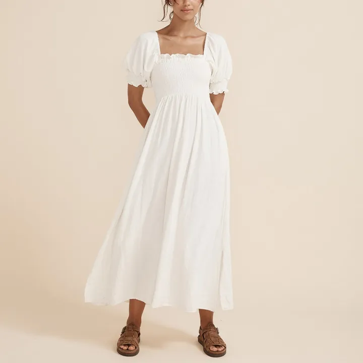 Maxi%20Dresses%20For%20Women%202022%20Elegant%20Square%20Neck%20Smocked%20Summer%20White%20Dress%20Short%20Puff%20Sleeve%20Vacation%20Beach%20Long%20Casual%20Dress%20-%20Image%204