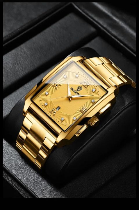 BINBOND Luxury Gold Watch Men Square Japan Quartz stainless steel Waterproof Sports Automatic Date Wrist Watches Relogio Masculi