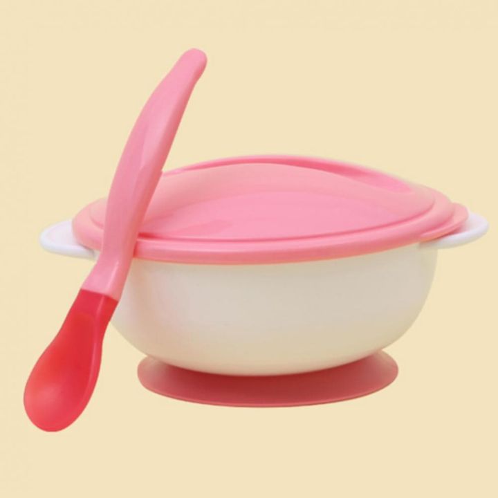 Baby Toddler Anti Slip Suction Bowl whit Temperature Spoon Lid Feeding Tableware