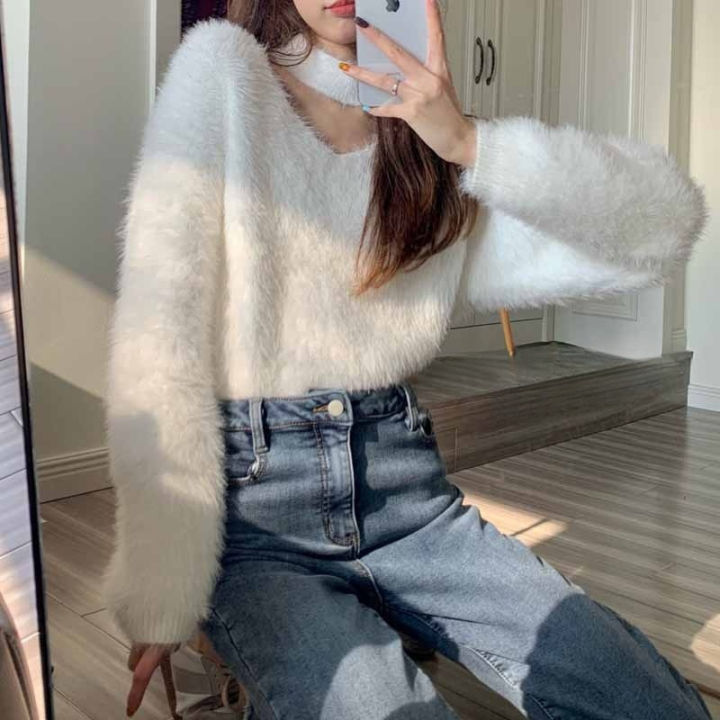 Korean Style White v Collar Mink Sweater Women's Short Loose