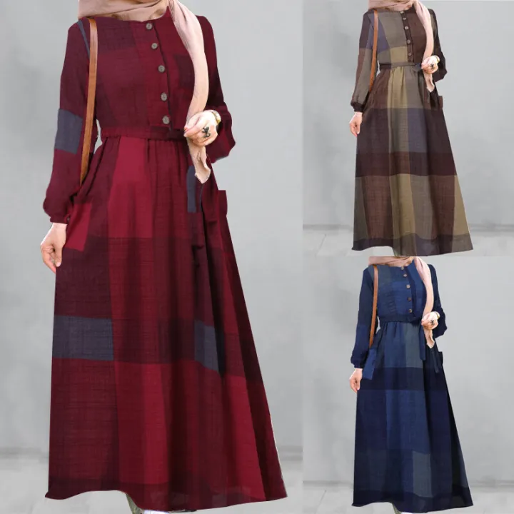 ZANZEA%20Muslimah%20Wanita%20Muslim%20Lengan%20Panjang%20Kasual%20Longgar%20Semak%20Plaid%20Kaftan%20Tunic%20Pakaian%20Maxi%20Panjang%20-%20Image%203