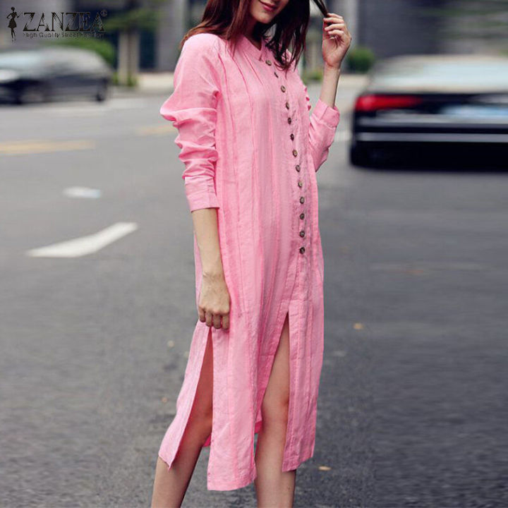 ZANZEA%20Women%20Fashion%20Round%20Neck%20Shirtdress%20Versatile%20Button%20Down%20Side%20Split%20Dresses%20#15%20-%20Image%202