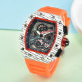 Richard sports hollowed out watch barrel shaped wood grain flower ghost head timing six needle quartz watch alloy silicon tape.