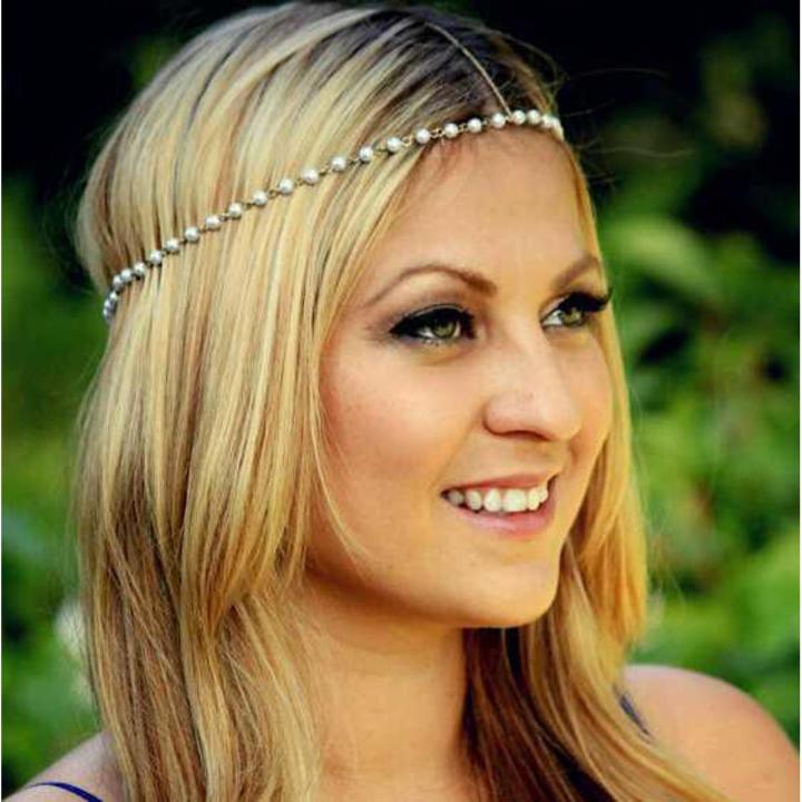 2 Pcs Women Girl Metal Pearl Head Chain Jewelry Forehead Headband Piece Hair Band