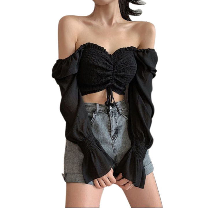 Women%20Smocked%20Crop%20Tops,%20Long%20Puff%20Sleeve%20Off%20Shoulder%20Solid%20Color%20Drawstring%20Shirts%20-%20Image%202