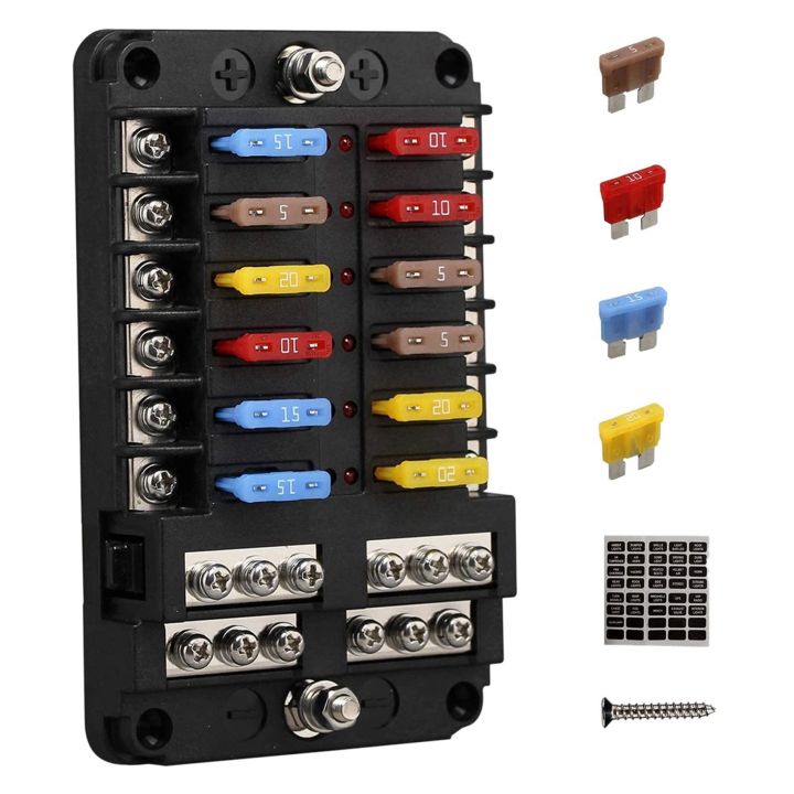 2X 12V 12 Way Marine Fuse Block Fuse Panel with Ground & 12 Volt Fuse Box for Car Automotive Boat RV RZR
