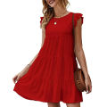 Women's Dress Solid Color Round Neck Short Sleeve Casual Cake Skirt Pleated Large Swing Skirt. 