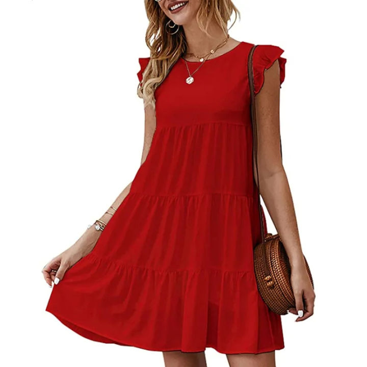 Women's%20Dress%20Solid%20Color%20Round%20Neck%20Short%20Sleeve%20Casual%20Cake%20Skirt%20Pleated%20Large%20Swing%20Skirt%20-%20Image%203