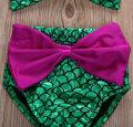 2Pcs Baby Girl's Mermaid Swimming Costume Swimwear, Sleeveless Bowknot Bikini Top, Triangle Crotch Short with Bow for Beach.