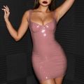 Women Club Red Faux Leather Dress Bodycon Wrap Chest Mini Sling Latex Ladies Dresses High Waist Black Vestidos Mujer. 