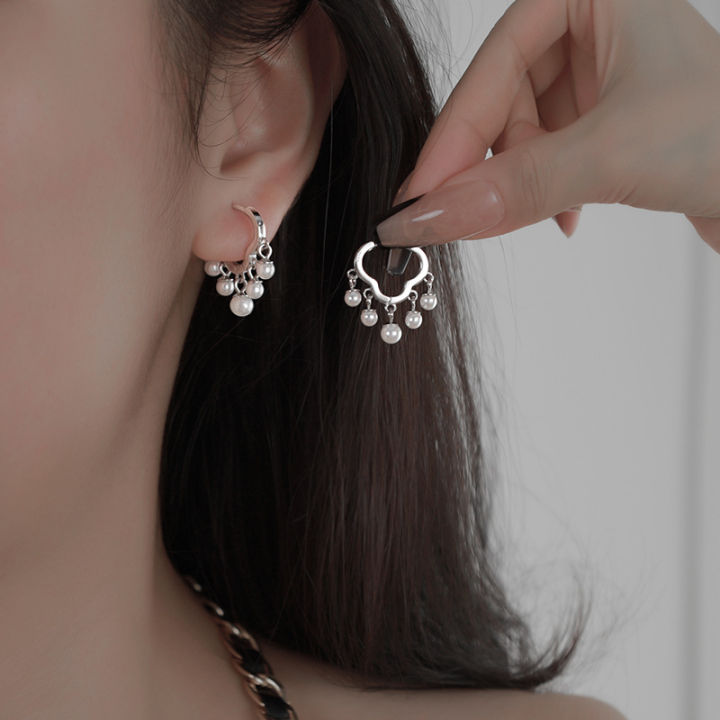 Fangxing S925 sterling silver light luxury pearl tassel cloud earrings auspicious cloud earrings women's longevity lock shape Chinese style