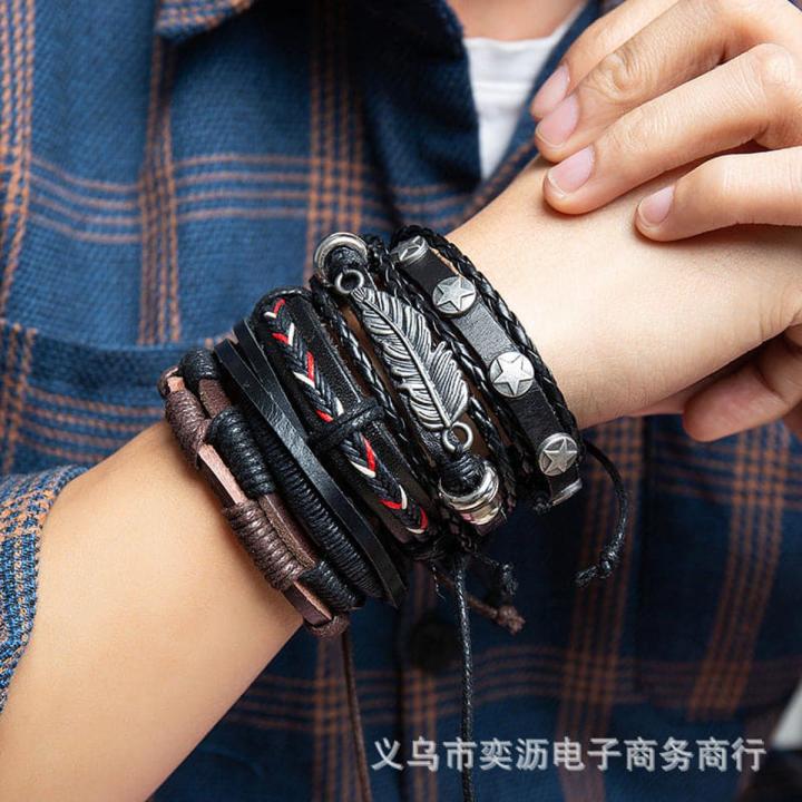 pieces/ lot Feather Pentagram Multiple Layers Leather Bracelets