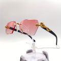 Trendy Vintage Rimless Polygonal Faceted Lens Sunglasses, With Leopard Design Temples, For Men Women Party Vacation Travel Driving Fishing Decors Photo Props. 