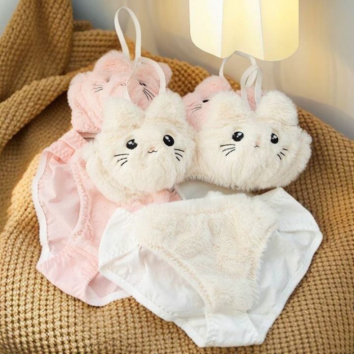 Fluffy Cat Cartoon Plush Bra Panty Set Cozy Mid-Rise Bikini Briefs Cute Underwear for Women Comfortable Lingerie for women