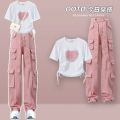 2023Summer a Set of Chubby Slimming Girls' Small Pink Overalls Suit Women's Fashion Fried Street Suit Pants.
