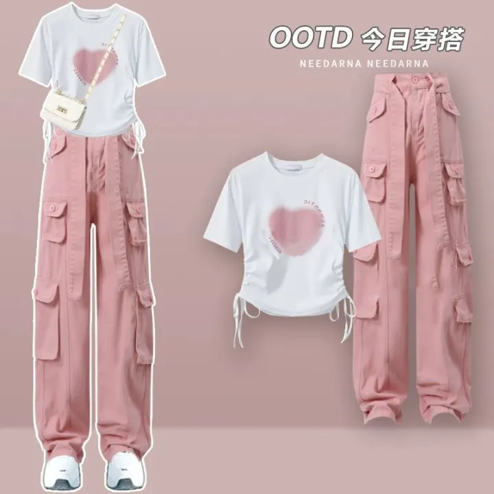 2023Summer%20a%20Set%20of%20Chubby%20Slimming%20Girls'%20Small%20Pink%20Overalls%20Suit%20Women's%20Fashion%20Fried%20Street%20Suit%20Pants%20-%20Image%202