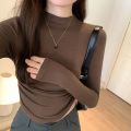 Hot Girl Slim Fit Slimming Long Sleeves T Women's Autumn T-shirt 2023 New Half Turtleneck Short Pleating Bottoming Shirt Top.