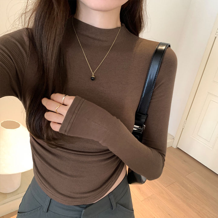 Hot%20Girl%20Slim%20Fit%20Slimming%20Long%20Sleeves%20T%20Women's%20Autumn%20T-shirt%202023%20New%20Half%20Turtleneck%20Short%20Pleating%20Bottoming%20Shirt%20Top%20-%20Image%208