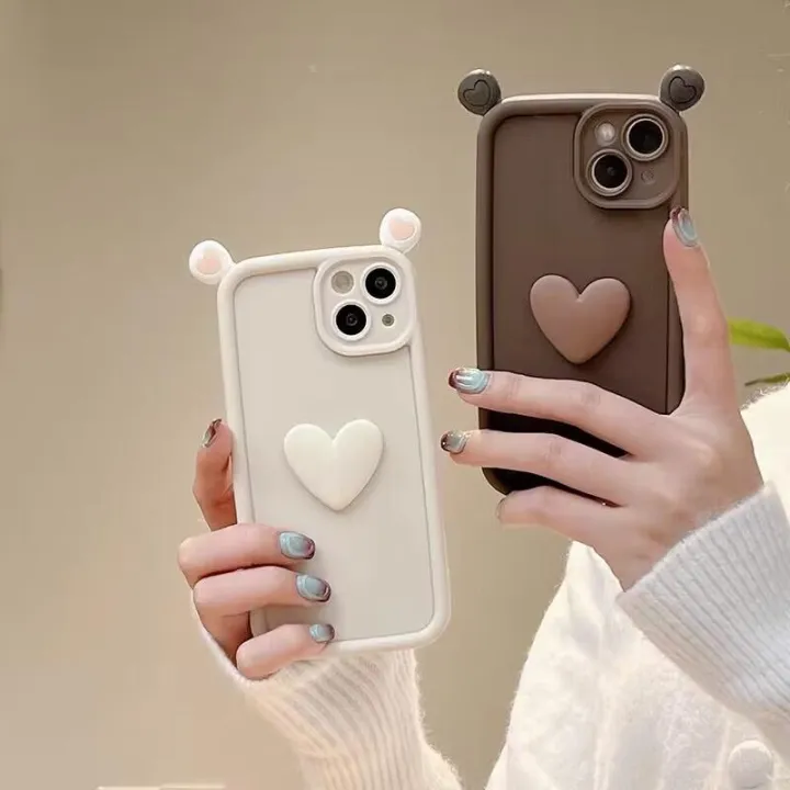 Phone%20Case%20For%20iPhone%2011%2013%2014%2015%20Pro%20Max%20Plus%2013Mini%20Casing%20Coffee%20Cute%203D%20Ears%20Love%20Heart%20Wine%20Red%20Cute%20Candy%20Color%20Soft%20Shockproof%20Cover%20Matte%20Silicone%20-%20Image%202