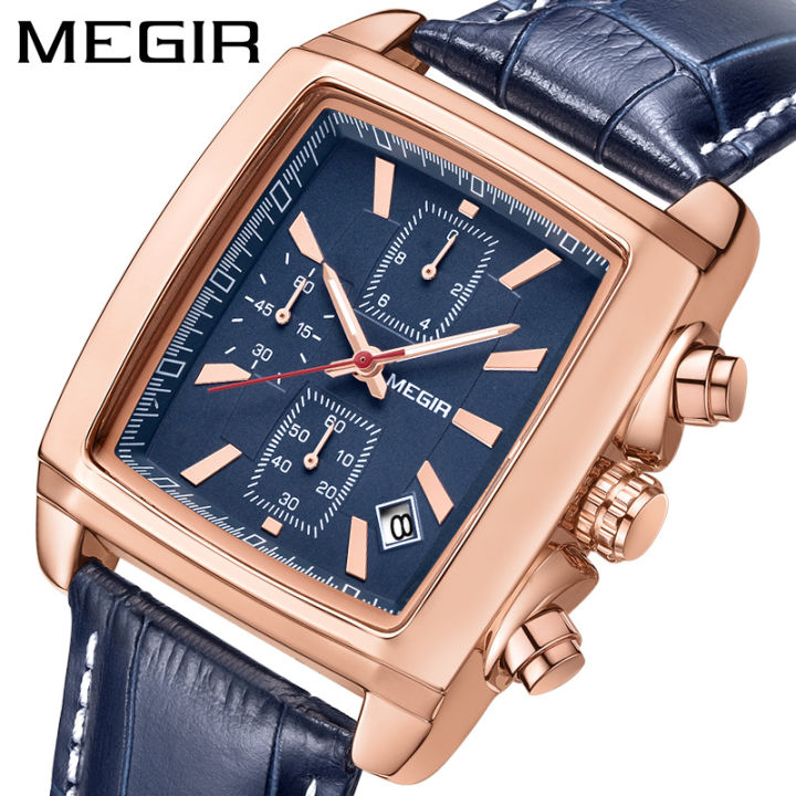 Hot selling Megir Men's Watch Fashion Light Retro Multi functional Timing Square Genuine Leather Men's Watch 2028